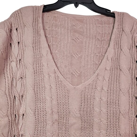 Cable-Knit Lace-Up Tunic Sweater V-Neck Long Sleeve Oversized Fit Pink X-Large - Picture 5 of 11